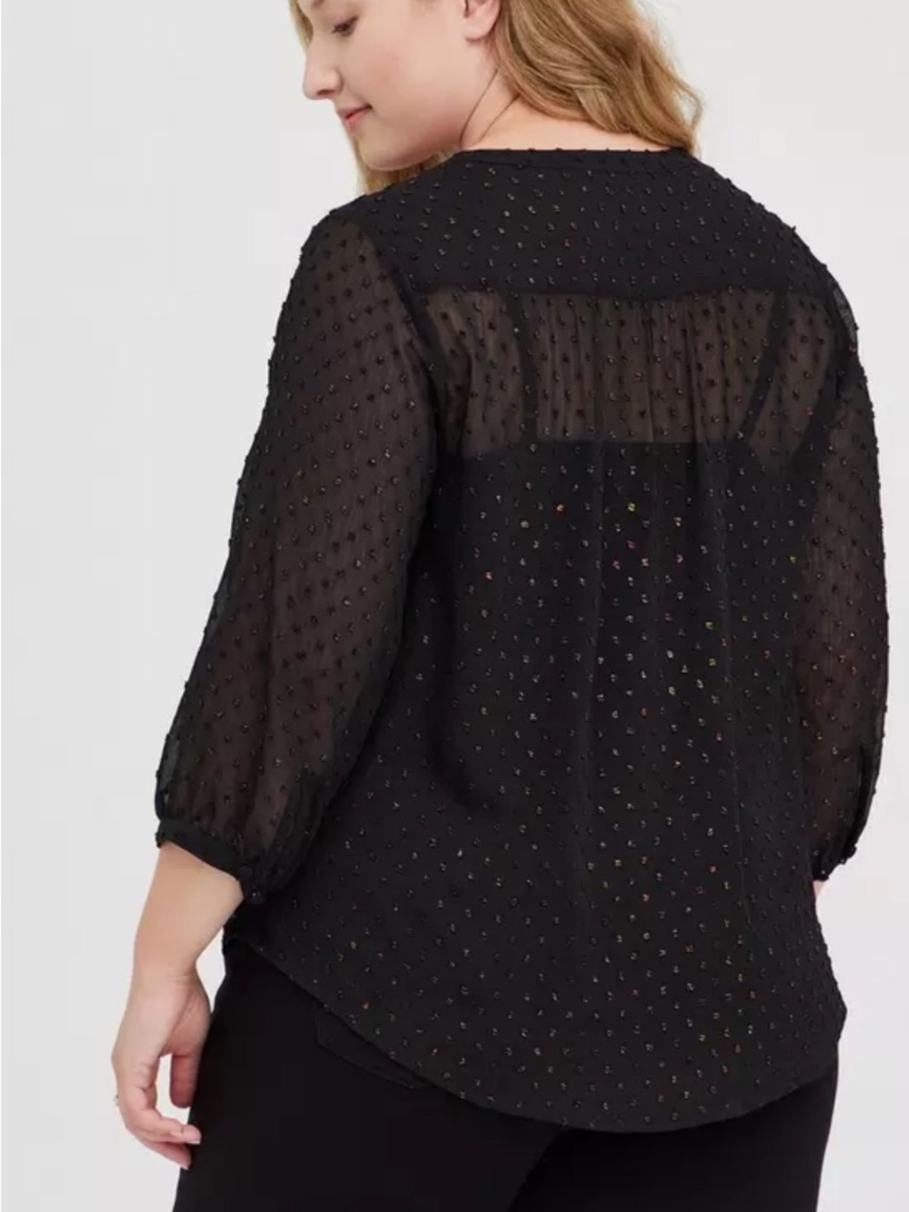 Size 4 Torrid Women’s Peasant Blouse Georgette Metallic Clip Dot Black Sheer Top - Picture 3 of 10